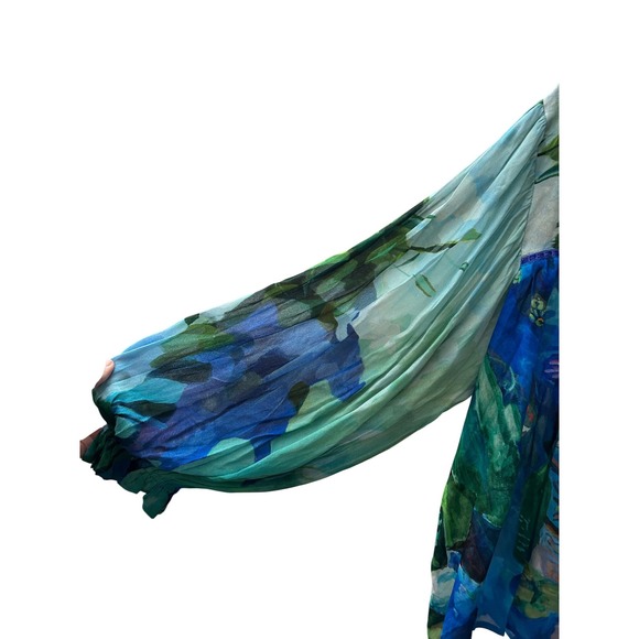 INK London Medium Blouse Top Blue Green Floral Print Viscose Long Sleeve - Picture 5 of 10